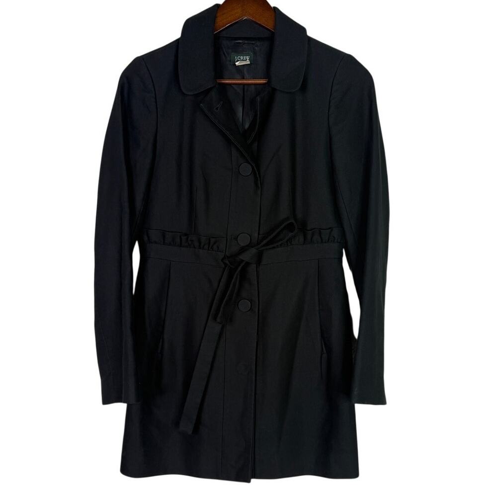 J.Crew Ruffle Tie Waist Button Down Collar Mid Length Coat Jacket Pocket 2 Black